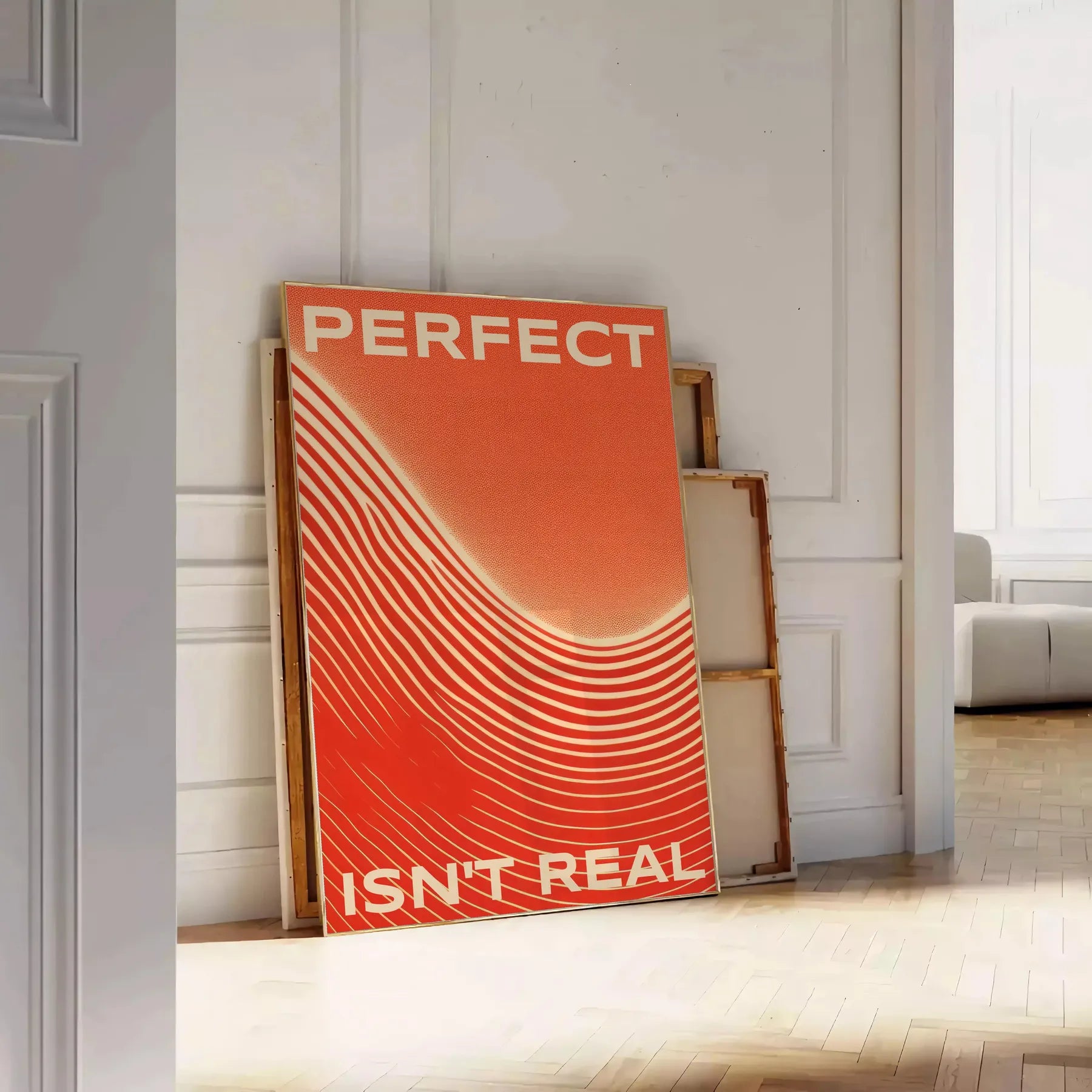 space vibrant Perfect Is Real motivational poster dynamic orange red hues stunning wall art authenticity determination ideal gift occasion standalone print