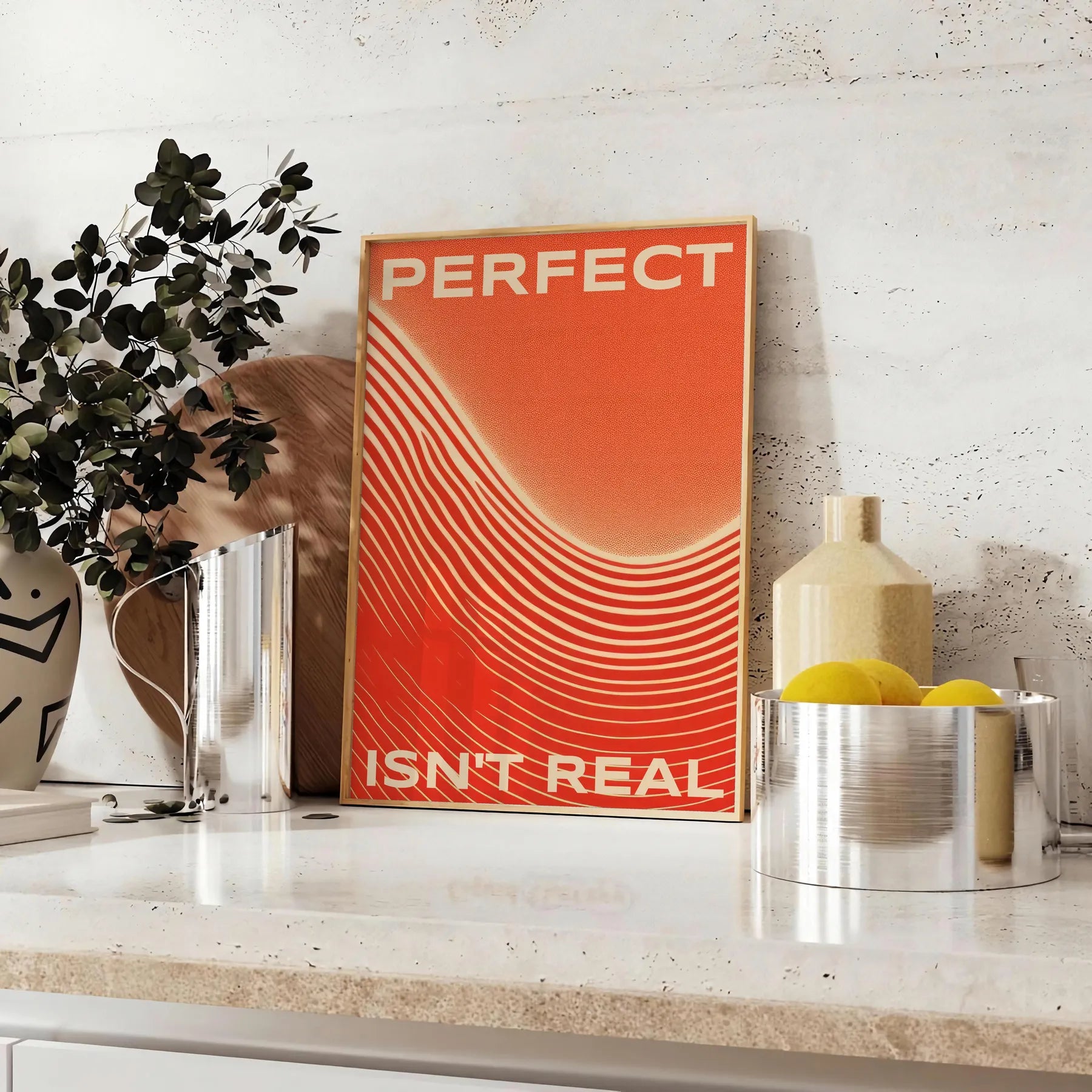 space vibrant Perfect Is Real motivational poster dynamic orange red hues stunning wall art authenticity determination ideal gift occasion standalone print