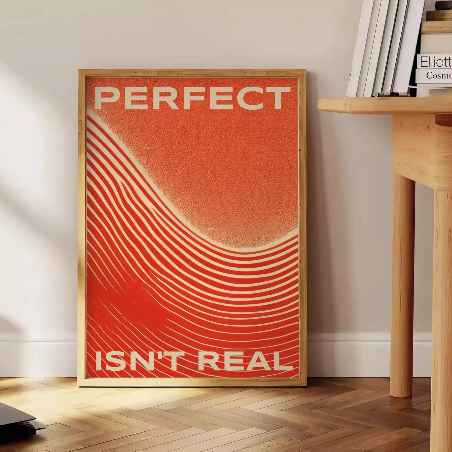 space vibrant Perfect Is Real motivational poster dynamic orange red hues stunning wall art authenticity determination ideal gift occasion standalone print