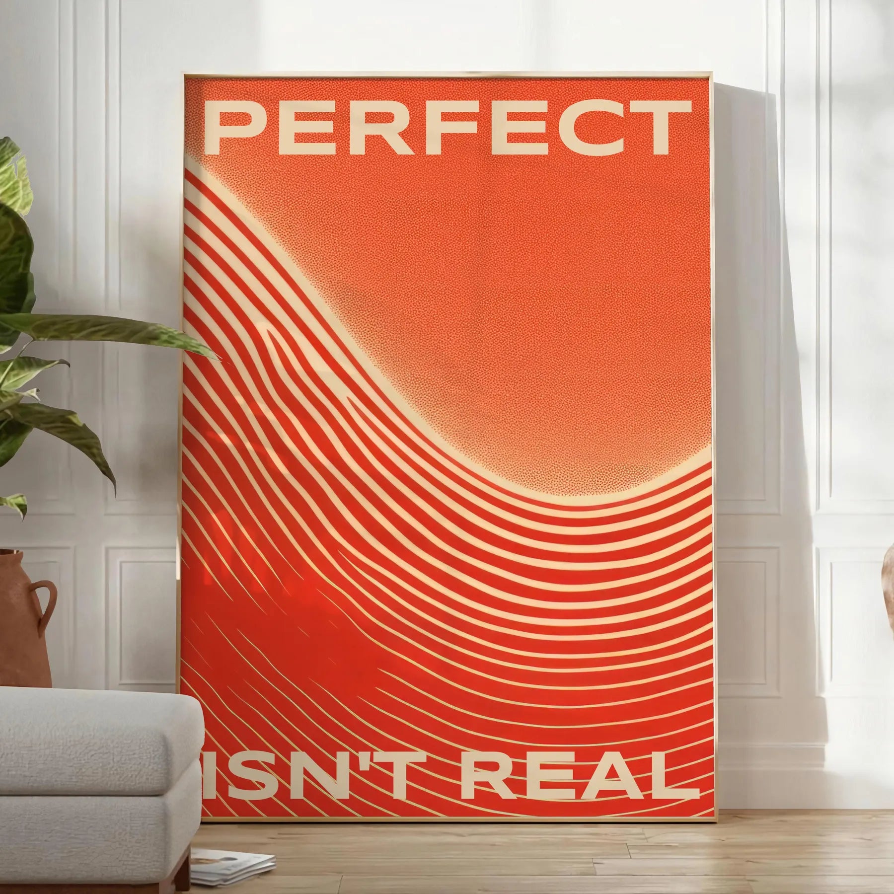 space vibrant Perfect Is Real motivational poster dynamic orange red hues stunning wall art authenticity determination ideal gift occasion standalone print