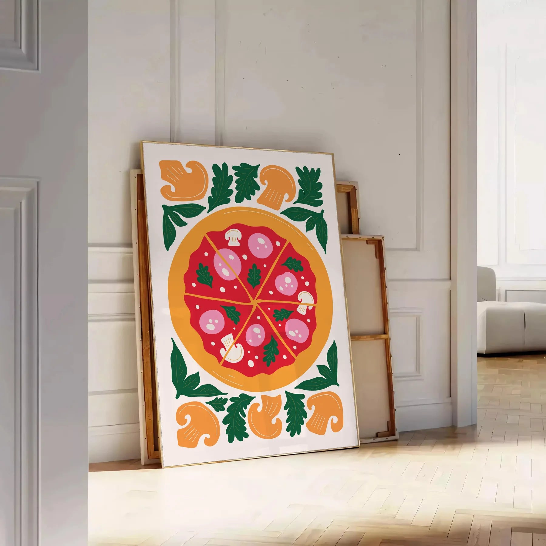 kitchen vibrant pizza poster lively green orange hues wall art unique gift artwork flavor space several sizes A4 cm A0