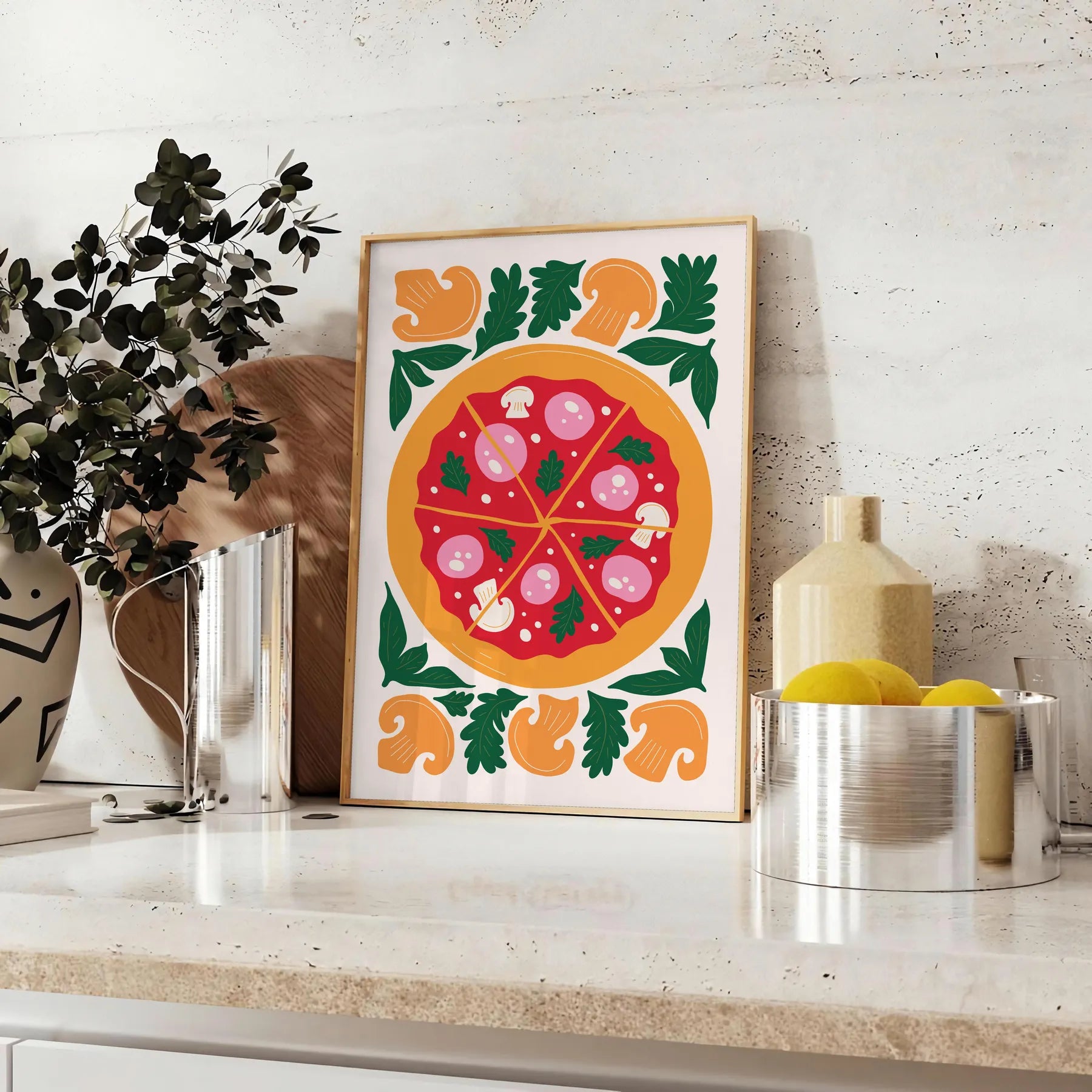 kitchen vibrant pizza poster lively green orange hues wall art unique gift artwork flavor space several sizes A4 cm A0