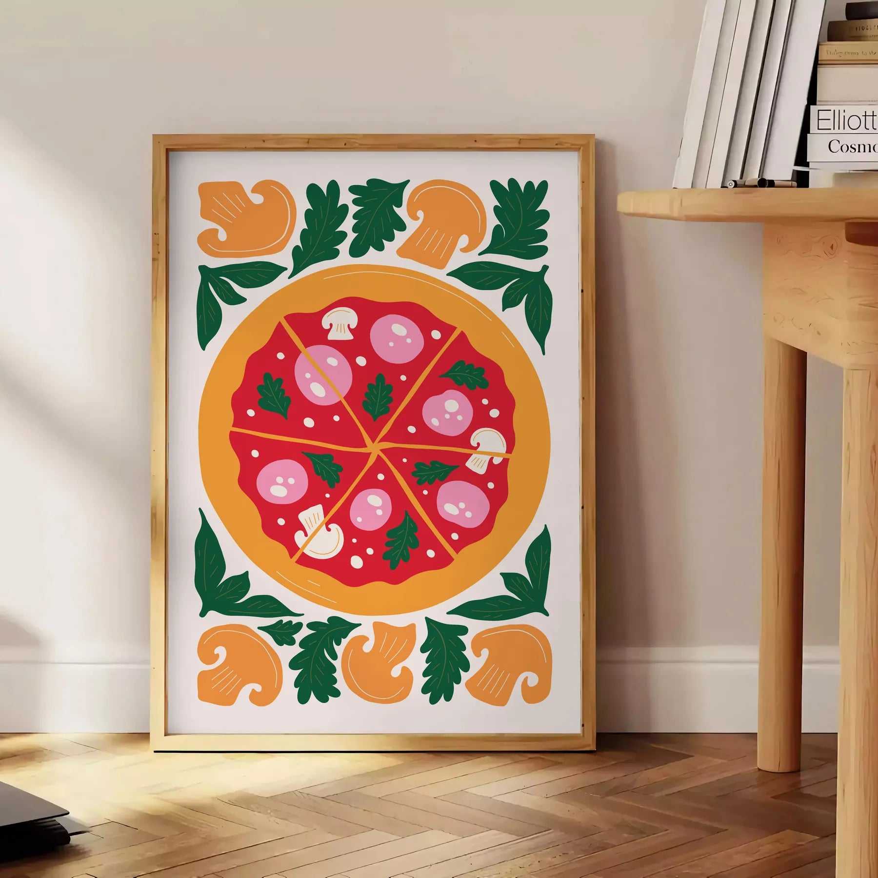 kitchen vibrant pizza poster lively green orange hues wall art unique gift artwork flavor space several sizes A4 cm A0