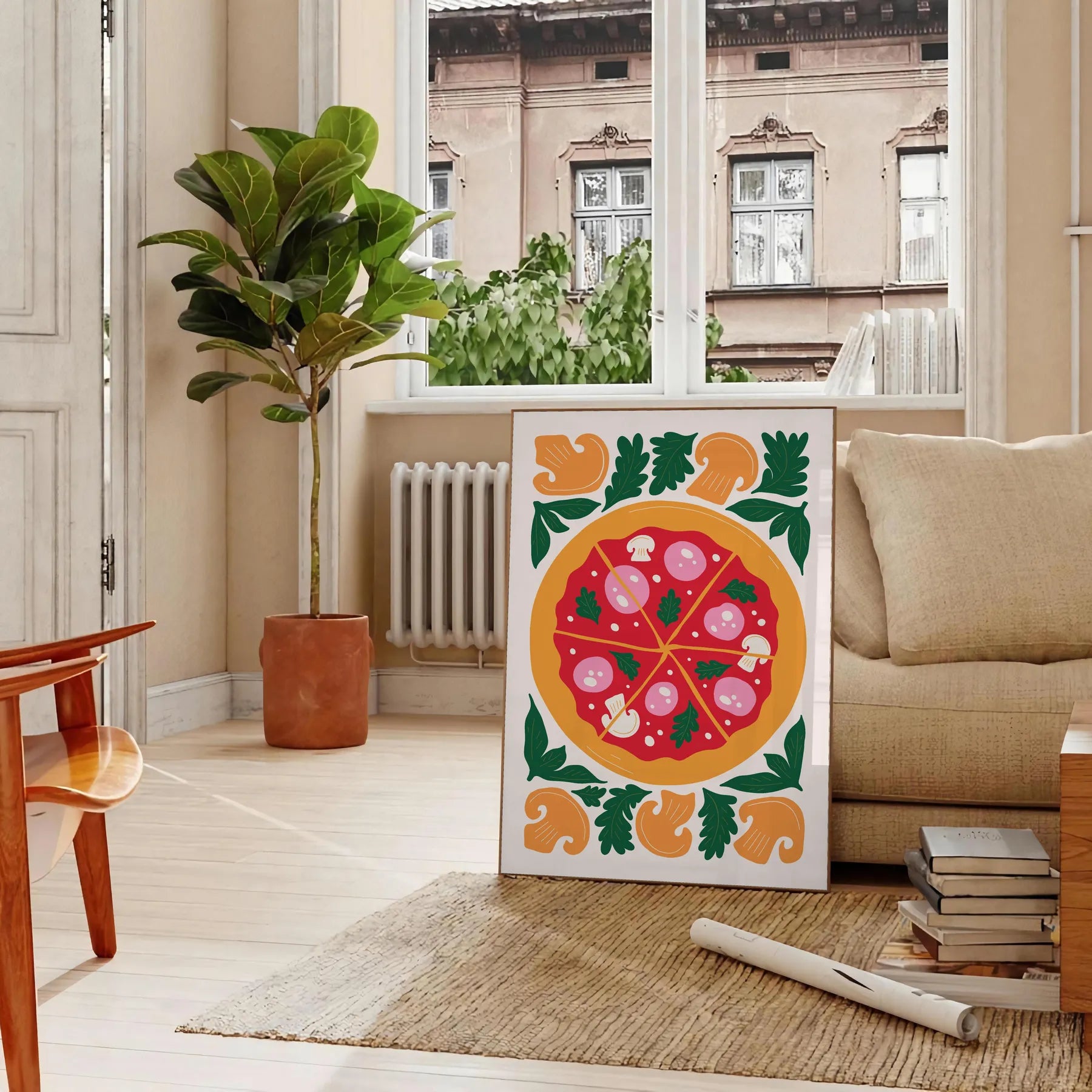 kitchen vibrant pizza poster lively green orange hues wall art unique gift artwork flavor space several sizes A4 cm A0