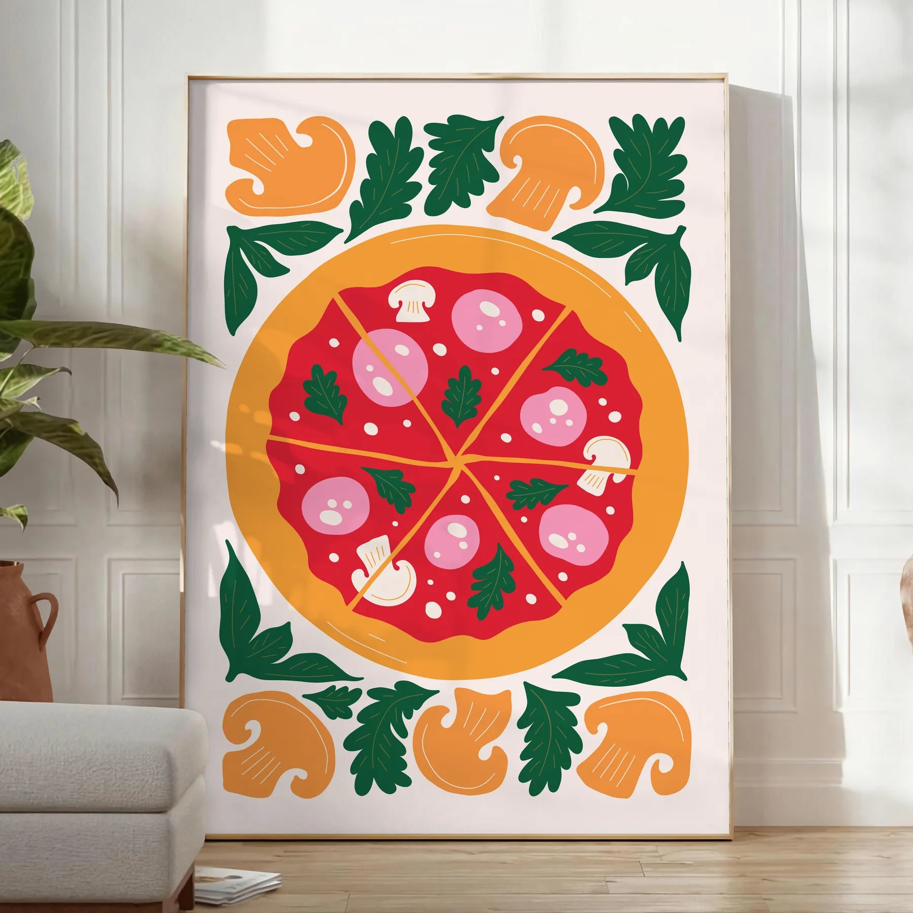 kitchen vibrant pizza poster lively green orange hues wall art unique gift artwork flavor space several sizes A4 cm A0