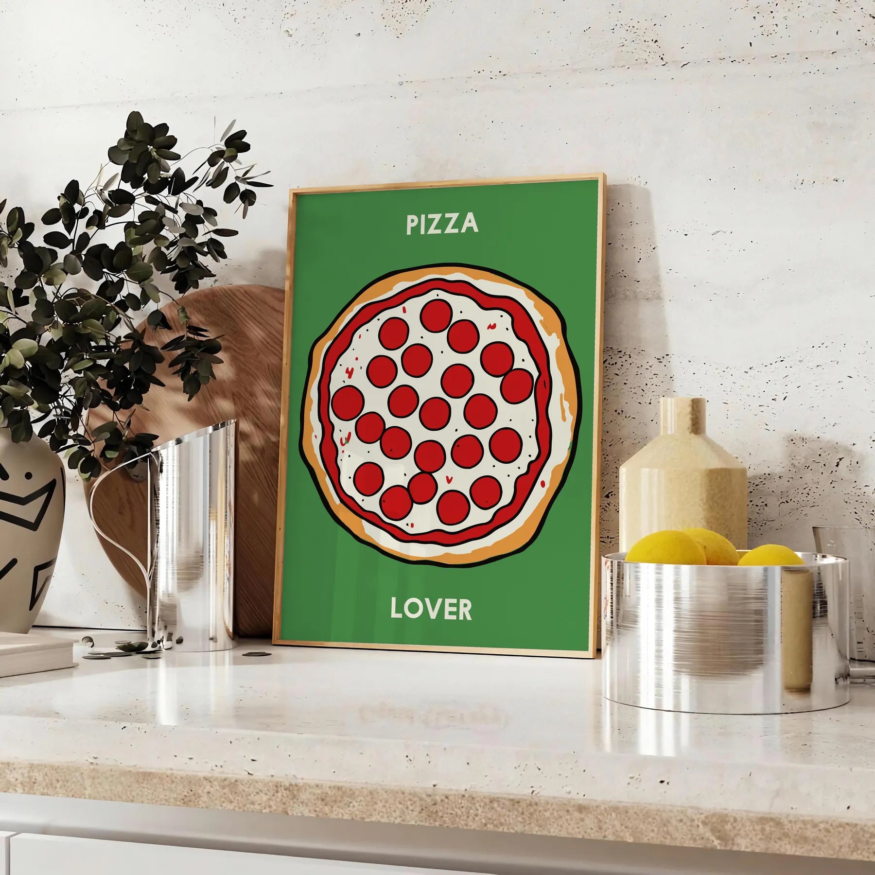 kitchen décor vibrant Pizza Poster eye black green design perfect food enthusiasts wall art unique gift artwork savory touch space framed frameless versions