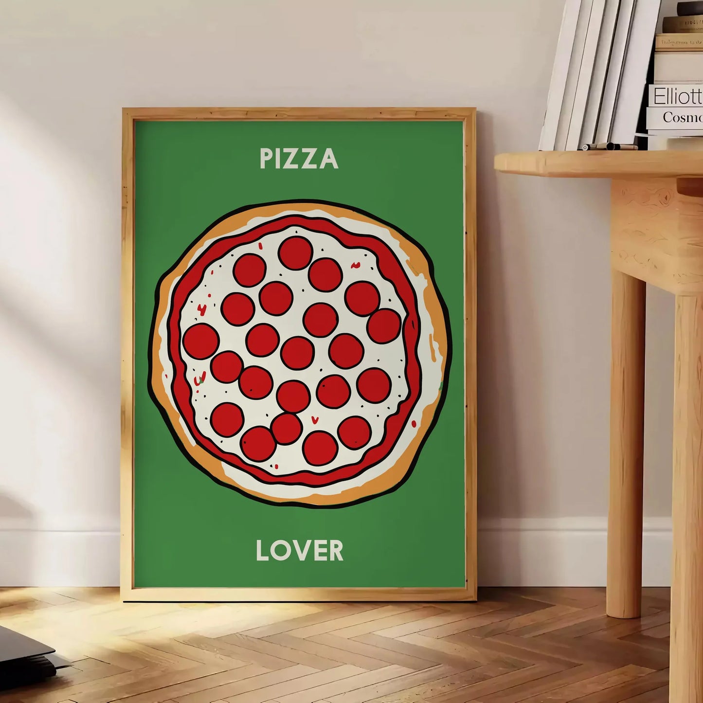 kitchen décor vibrant Pizza Poster eye black green design perfect food enthusiasts wall art unique gift artwork savory touch space framed frameless versions