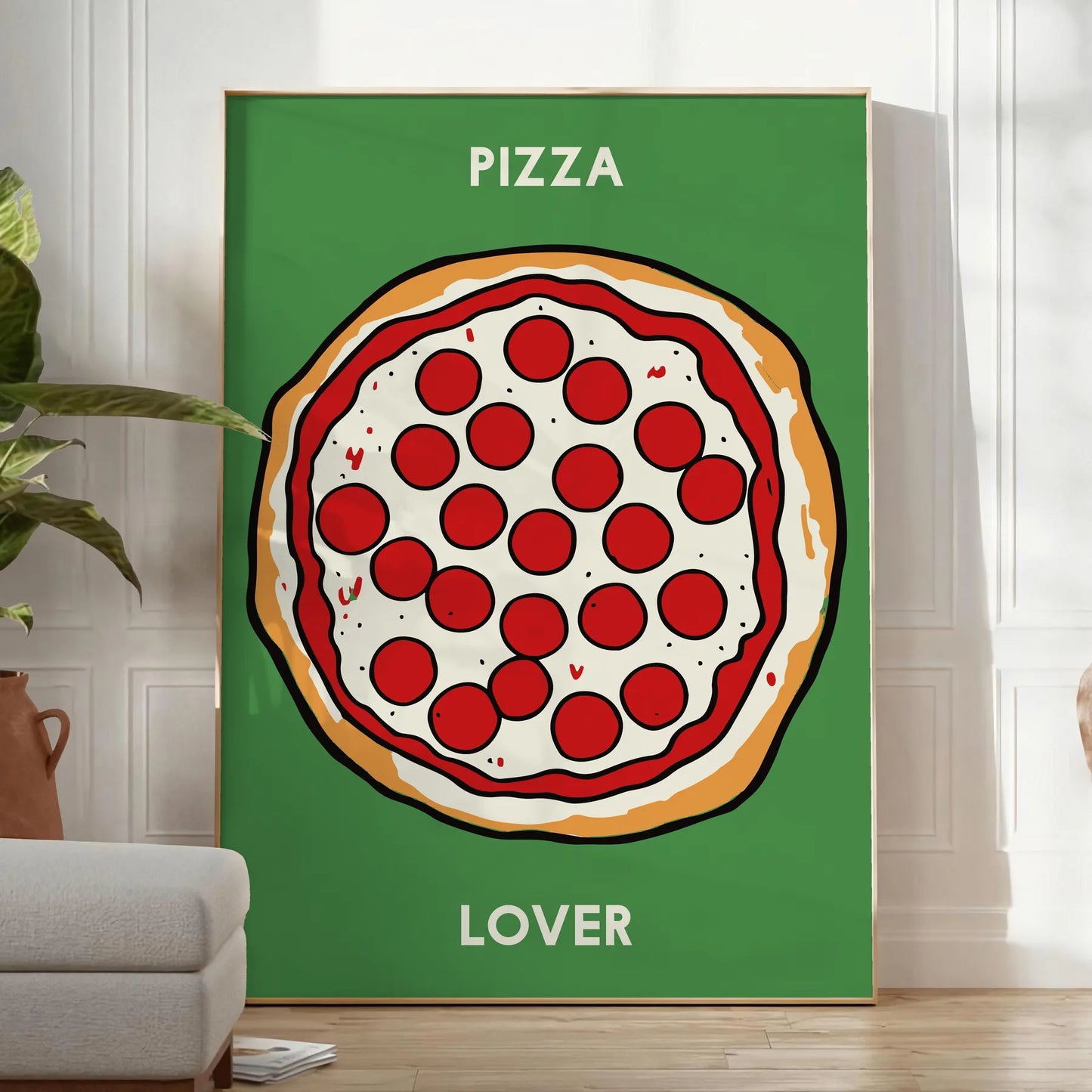 kitchen décor vibrant Pizza Poster eye black green design perfect food enthusiasts wall art unique gift artwork savory touch space framed frameless versions