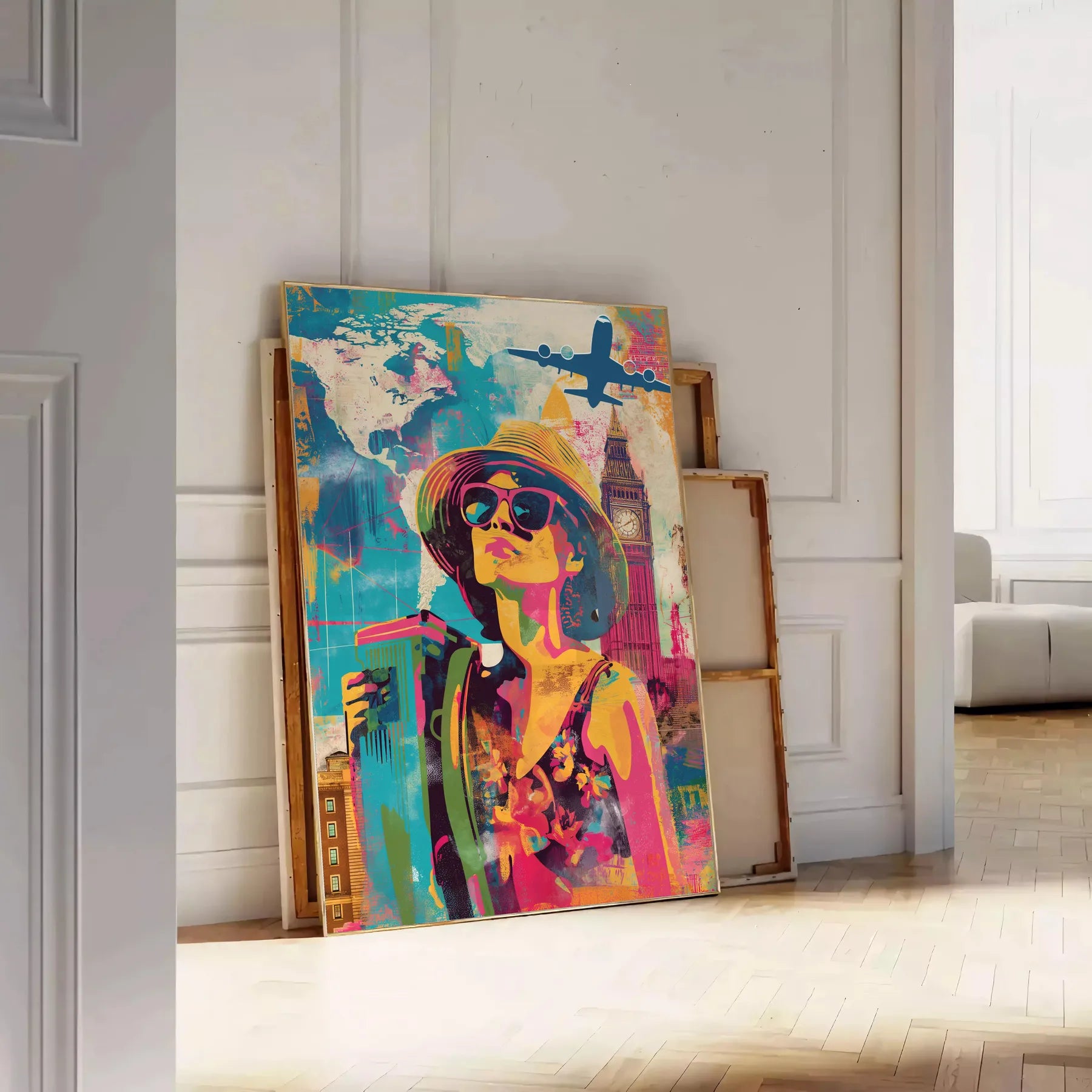 space vibrant pop art poster orange blue hues wall unique gift print bold splash color creativity room standout piece artwork decor