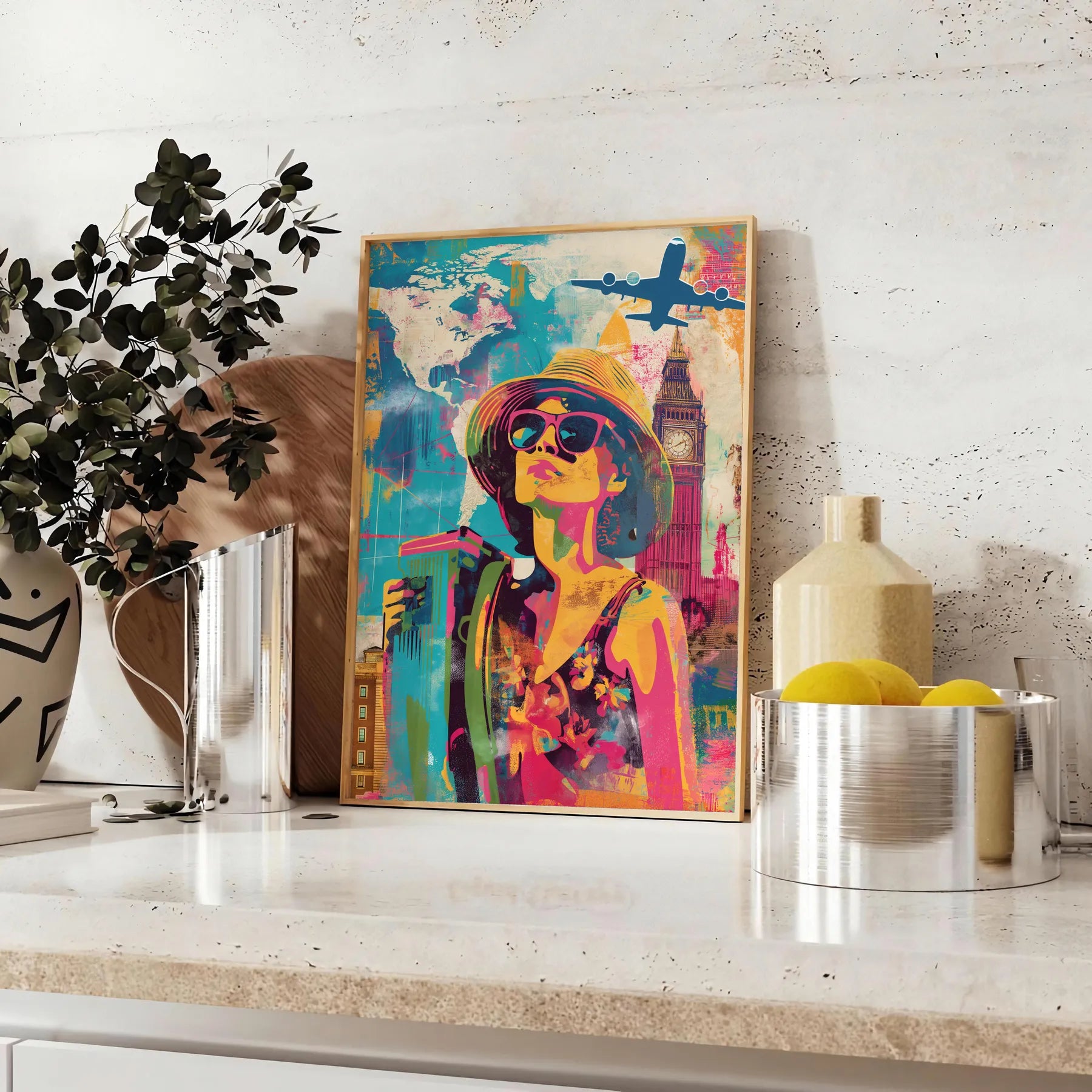 space vibrant pop art poster orange blue hues wall unique gift print bold splash color creativity room standout piece artwork decor