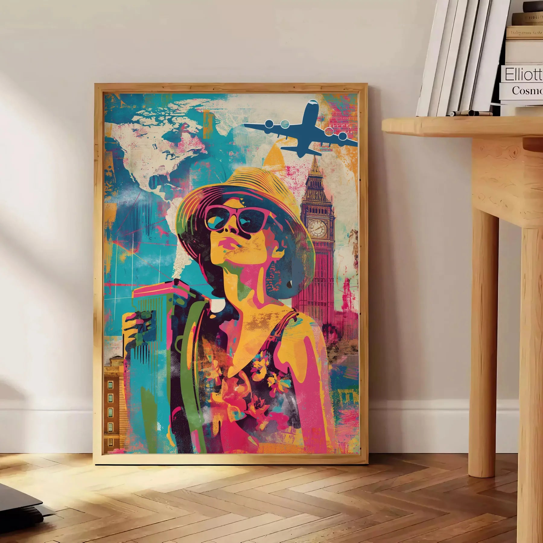 space vibrant pop art poster orange blue hues wall unique gift print bold splash color creativity room standout piece artwork decor