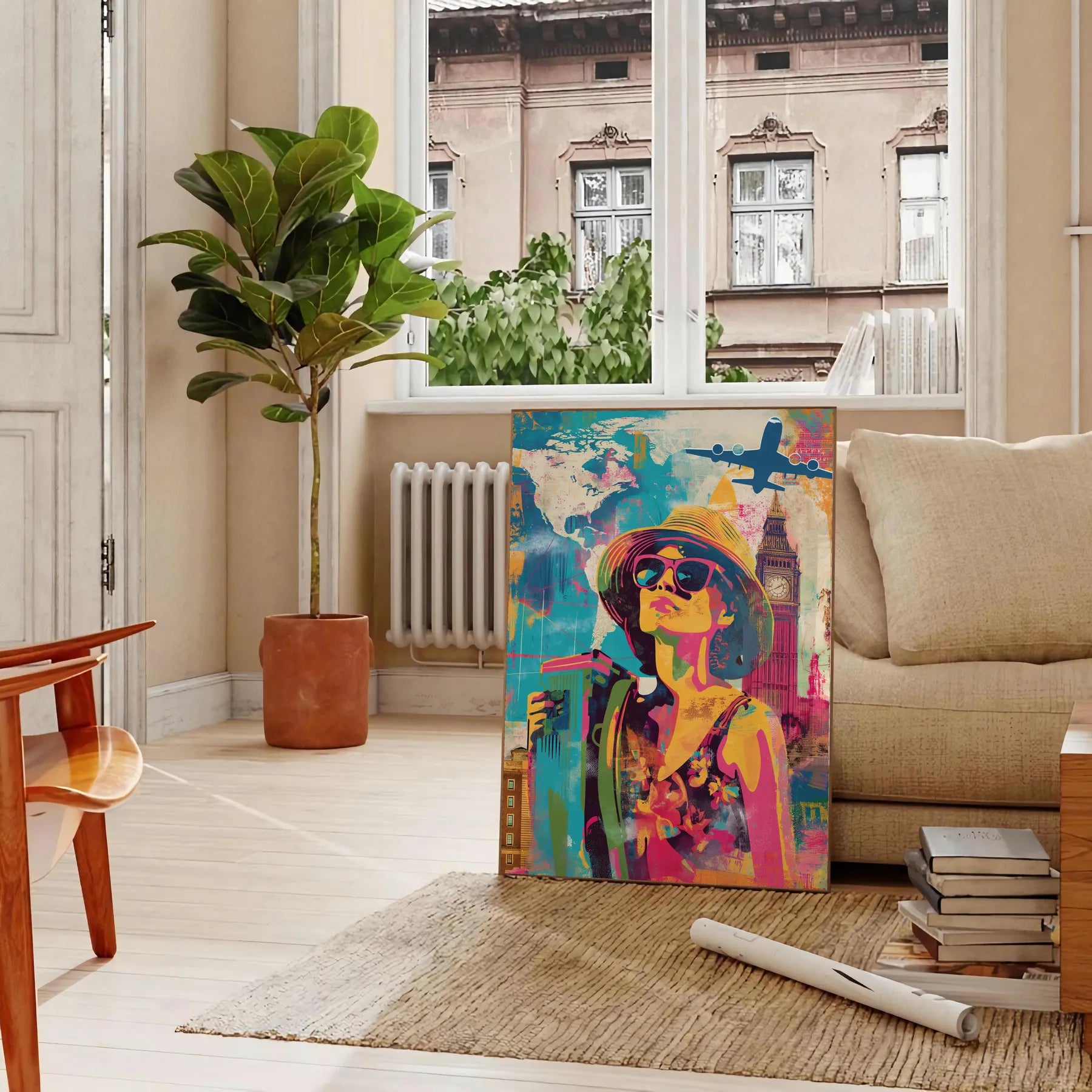 space vibrant pop art poster orange blue hues wall unique gift print bold splash color creativity room standout piece artwork decor