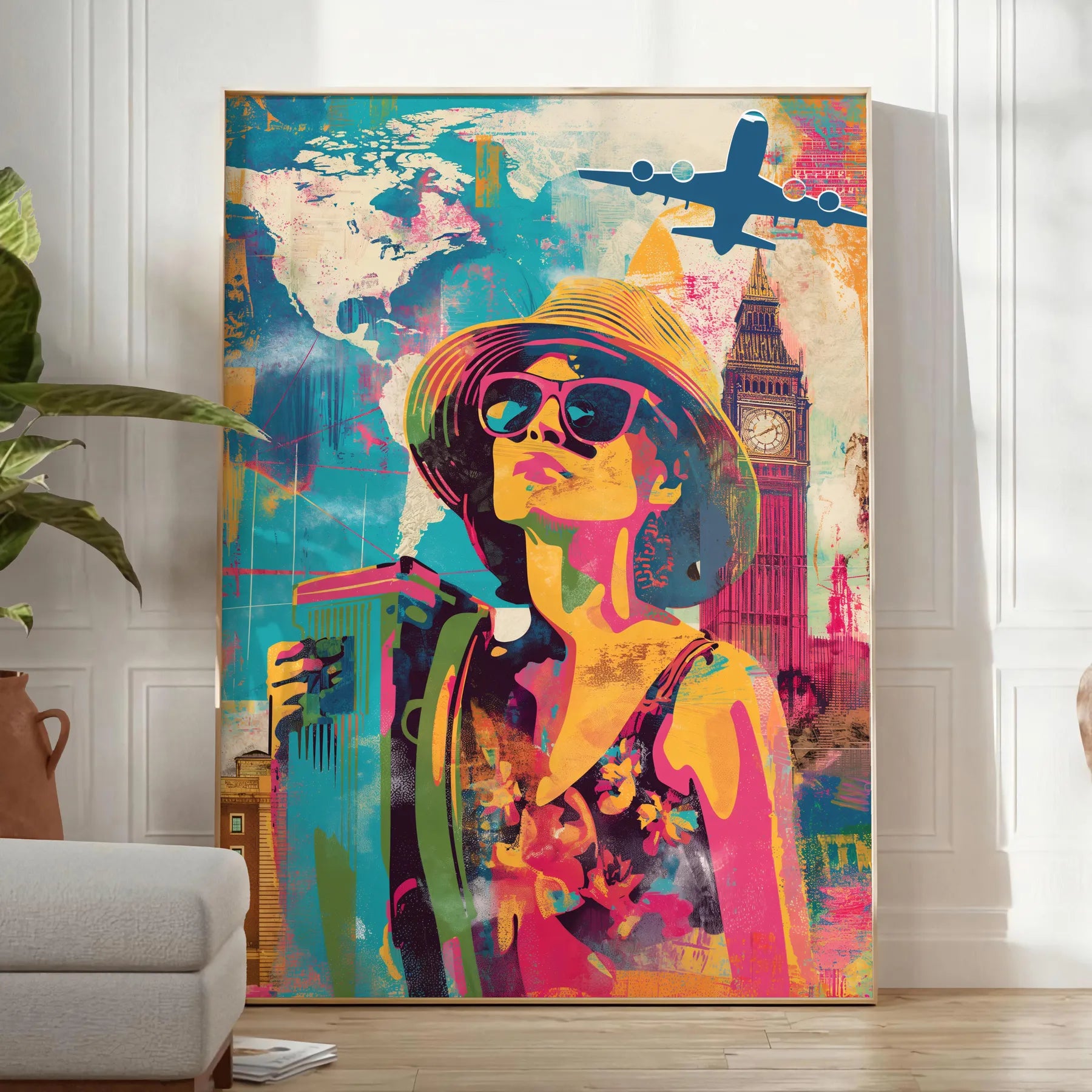 space vibrant pop art poster orange blue hues wall unique gift print bold splash color creativity room standout piece artwork decor