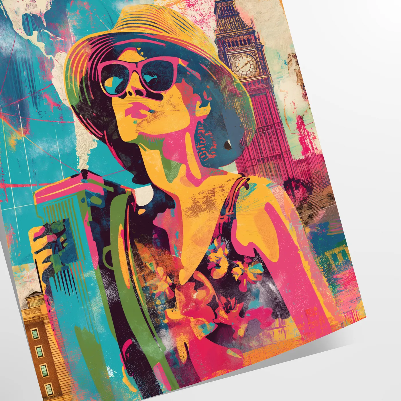 space vibrant pop art poster orange blue hues wall unique gift print bold splash color creativity room standout piece artwork decor